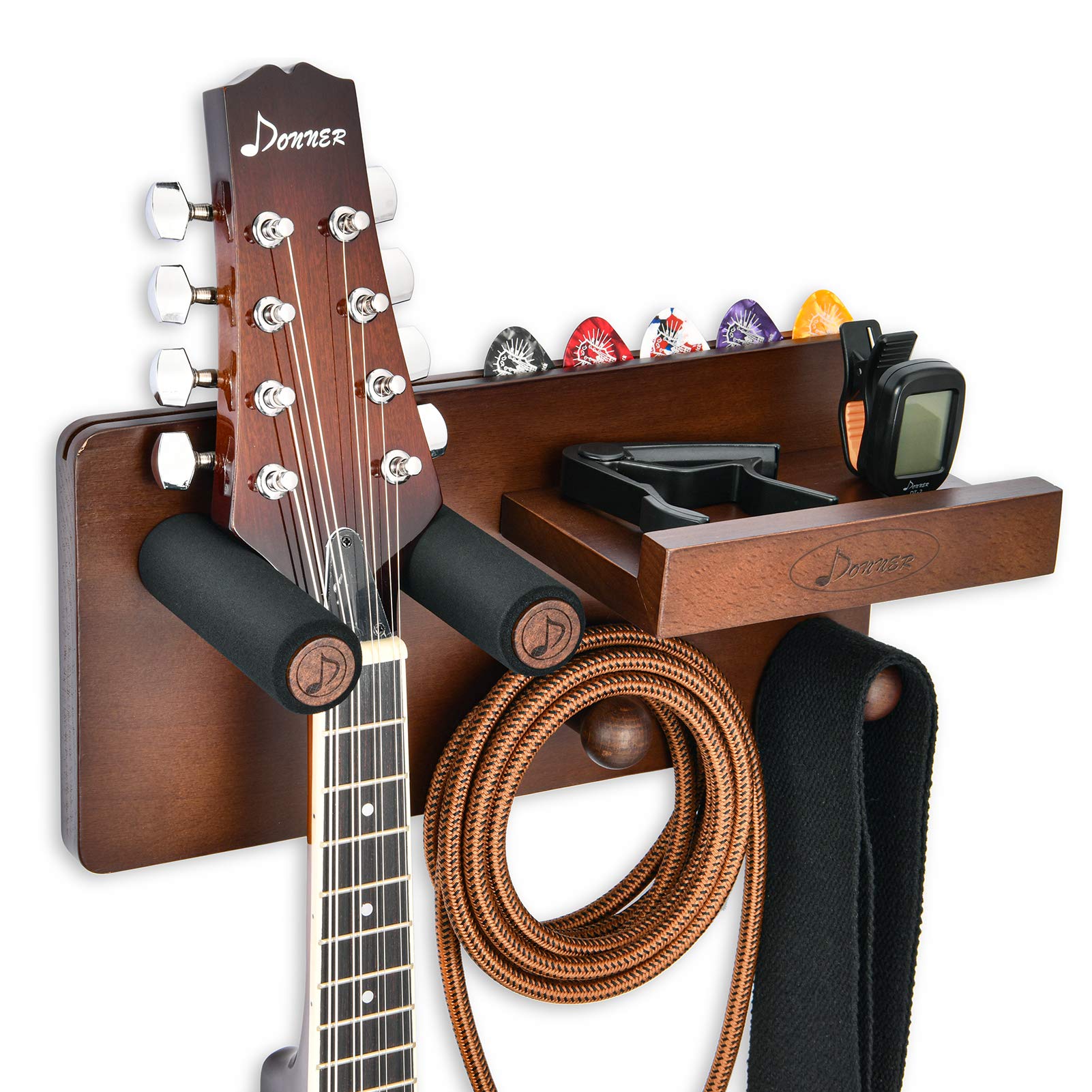 Donner Guitar Wall Mount Shelf, Wooden Guitar Wall Hanger with Pick Holder and 2 Hooks, Guitar Wood Hanging Rack for Acoustic Electric Guitar, Bass Guitar, Guitar Accessories