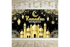 Boyiee Ramadan Mubarak Decorations Backdrop Banner Muslim Ramadan Kareem Background Eid Mubarak Sign Photo Booth Backdrop Background for Home Muslim Eid Al Fitr Party Supplies(Black)