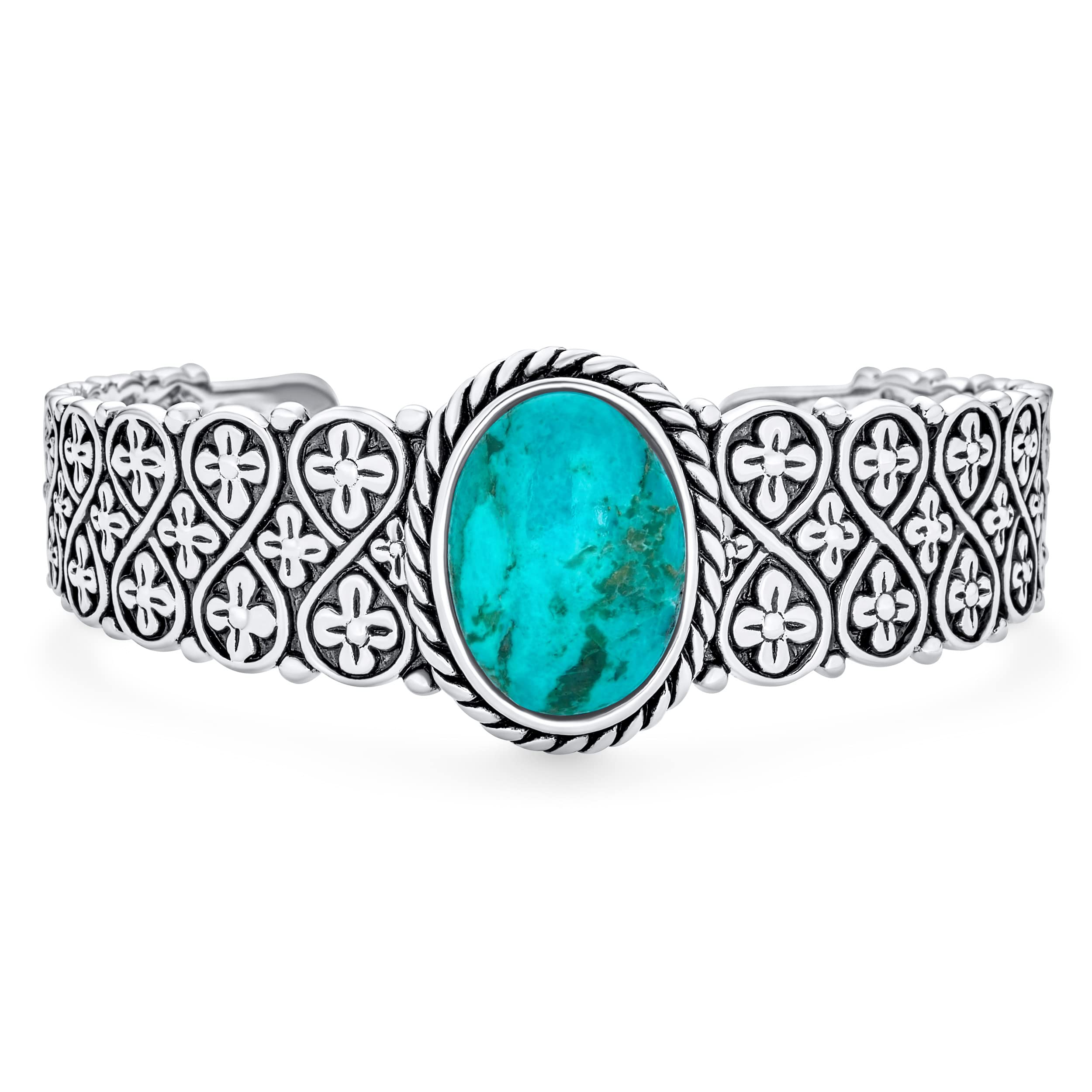 Bling Jewelry South Western Style Oval Cabochon Gemstone Flora Cross Infinity Lattice Turquoise Wide Cuff Bracelet For Women .925 Sterling Silver