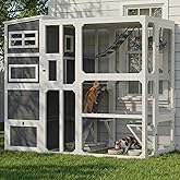 QUYZE Catio Outdoor Cat Enclosure, Large Wooden Cat House with PVC Roof | 63.5" Walk-In Door,4 Tiers Fir Wood Enclosures, Elevated Platforms, Contain Hanging Hammock