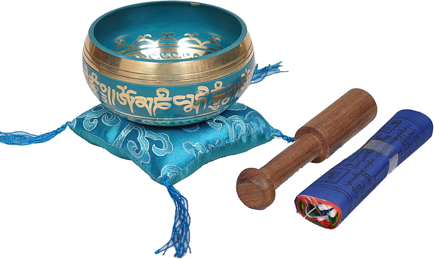 Tibetan Singing Bowl Set By Dharma Store - With Traditional Design Tibetan Buddhist Prayer Flag - Handmade in Nepal (Turquoise)