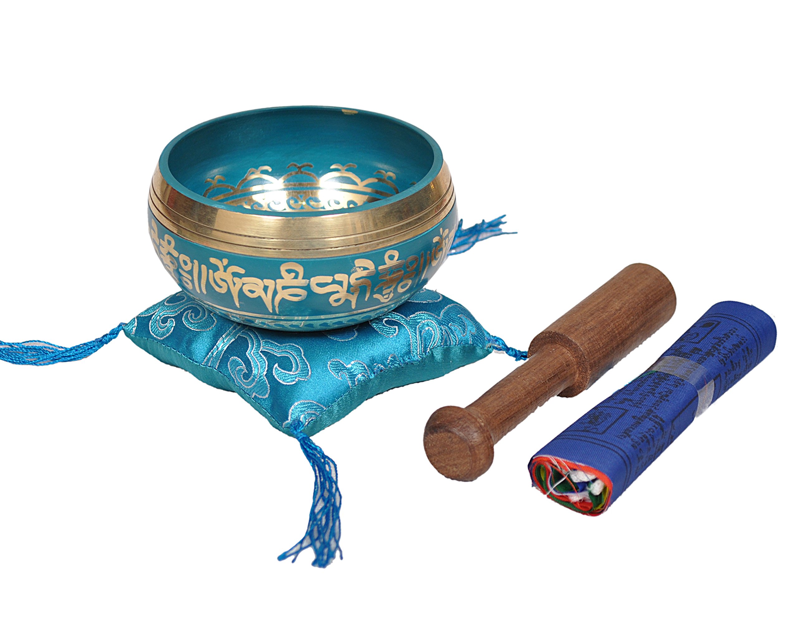 Tibetan Singing Bowl Set By Dharma Store - With Traditional Design Tibetan Buddhist Prayer Flag - Handmade in Nepal (Turquoise)