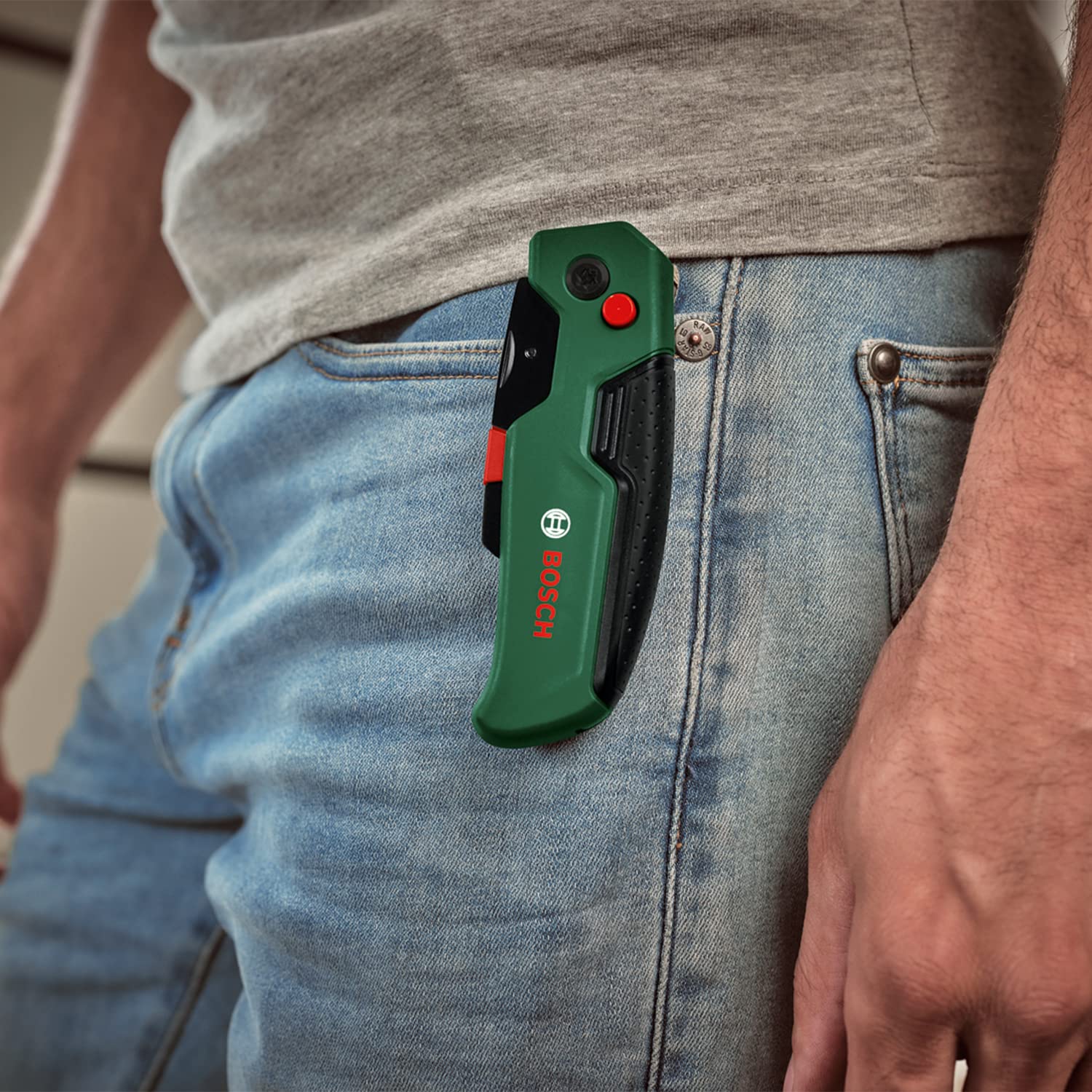 Bosch Klappmesser (kompaktes, robustes Klappmesser für Heimwerker; Edelstahl; einhändiges Öffnen; schneller Klingenwechsel; Gürtelclip; Klingenaufbewahrung; mit 3 SK5-Stahlklingen) 6