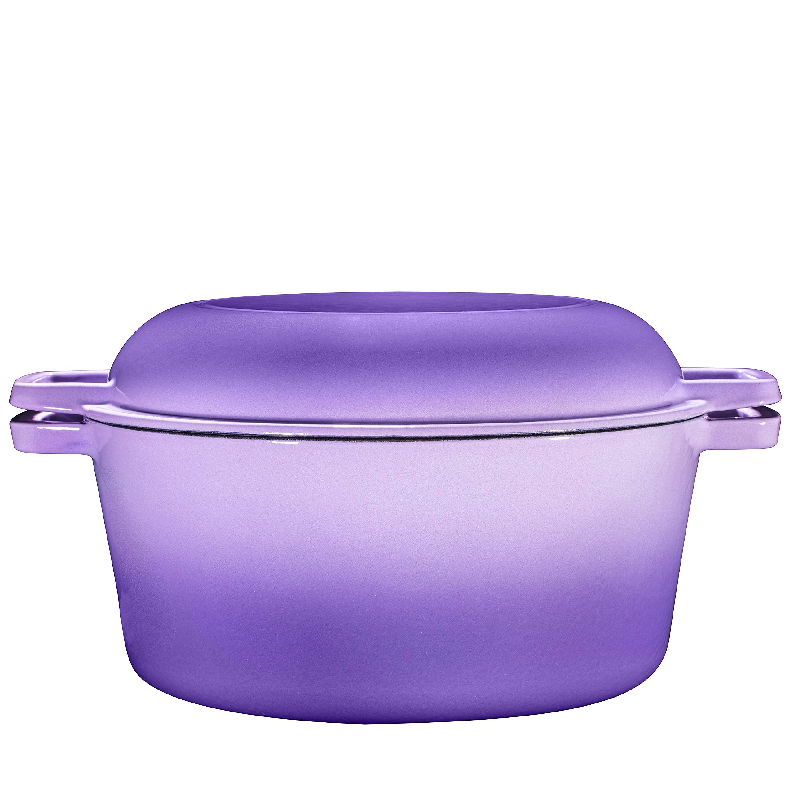 Bruntmor 2-in-1 Enamel Cast Iron Dutch Oven with Handles - Crock Pot Purple Cast Iron Pot with Skillet lid - All-in-One Cookware Braising Pan for Casserole Dish - 5 Quart, Purple
