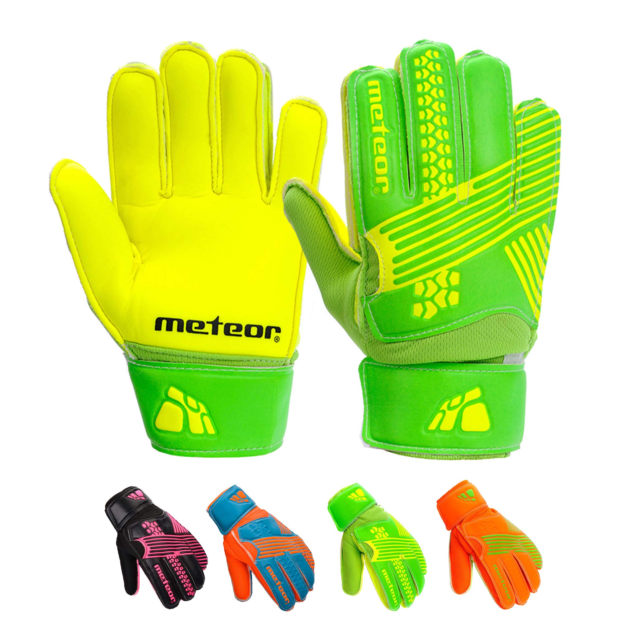 meteor Catch goalkeeper gloves – Goalkeeping gloves Flat Cut, EVA Foam Padding, Strong Grip in Wet & Dry Conditions, Breathable Inserts, Wrist Support Strap, football training - Size 7 - Green