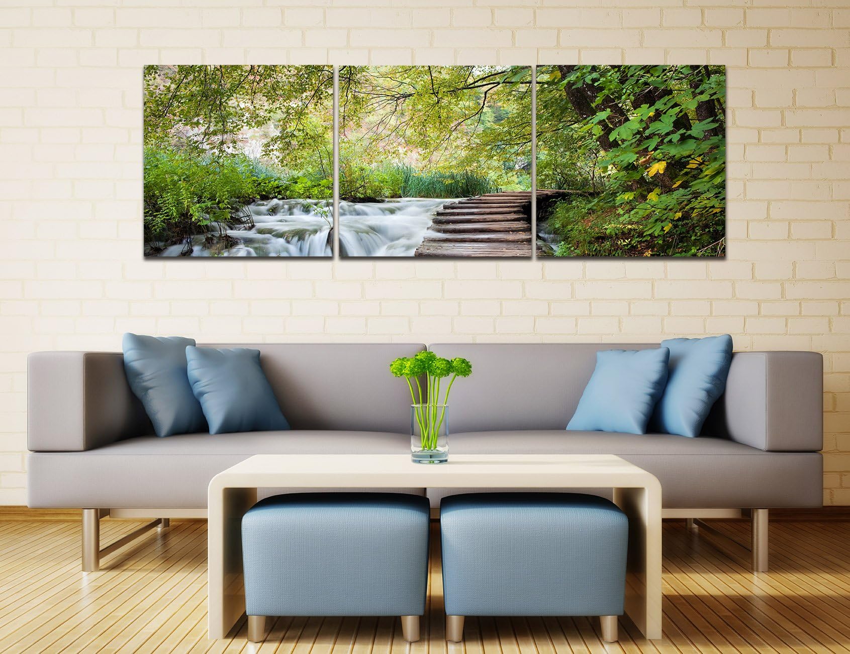 HVEST 3 Panels Canvas Wall Art-Waterfall Artwork Mountain Painting Green Trees and Wooden Bridge by The River Picture Prints for Bedroom Living Room Bathroom Wall Decor,16x16 inches/Piece