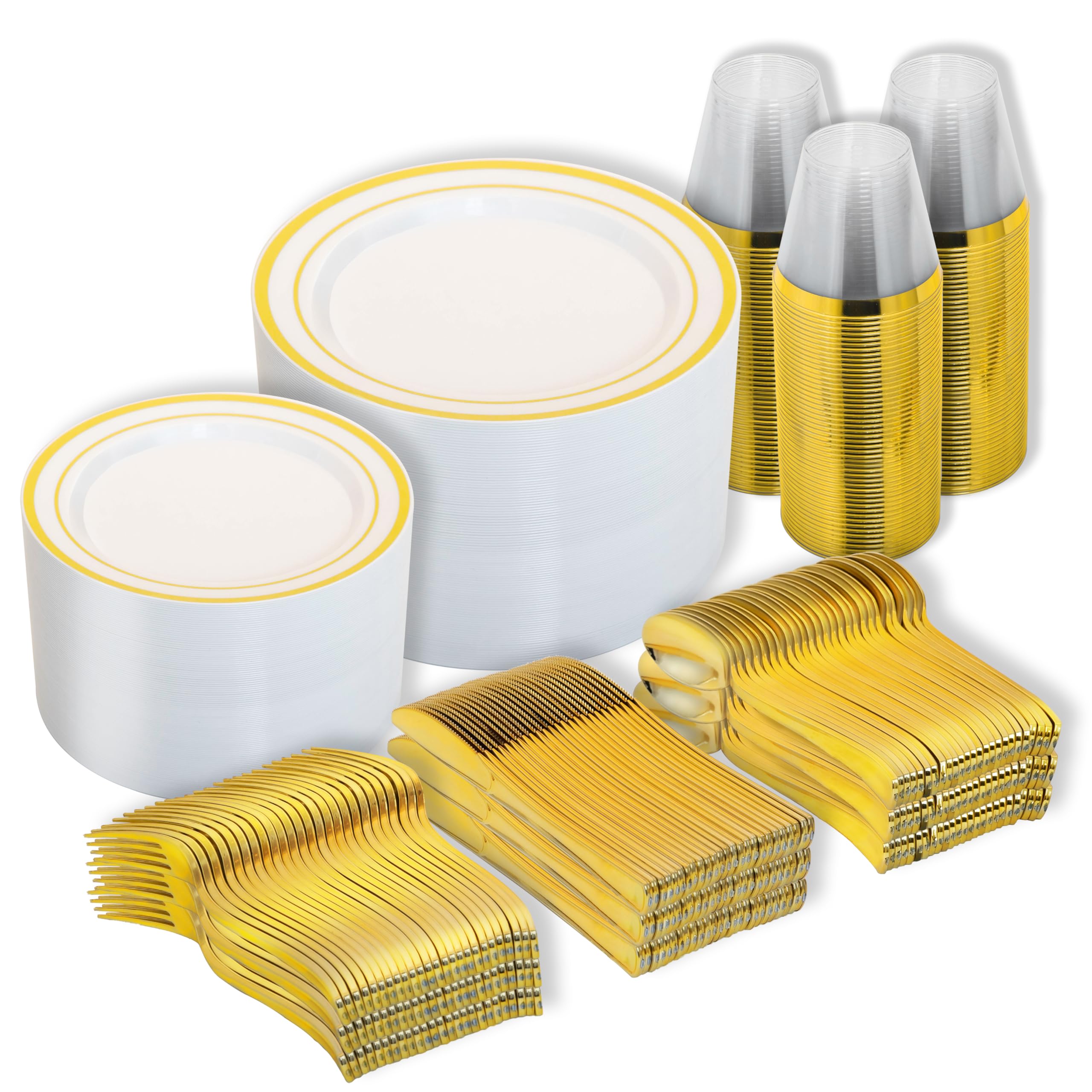 Photo 1 of N9R 600PCS Gold Disposable Plates, Heavy Duty Plastic Dinnerware Set for 100 Guests Includes 100 Dinner & Dessert Plates, Cups, Spoons, Forks, and Knives, Perfect for Parties, Mother's Day, Weddings
