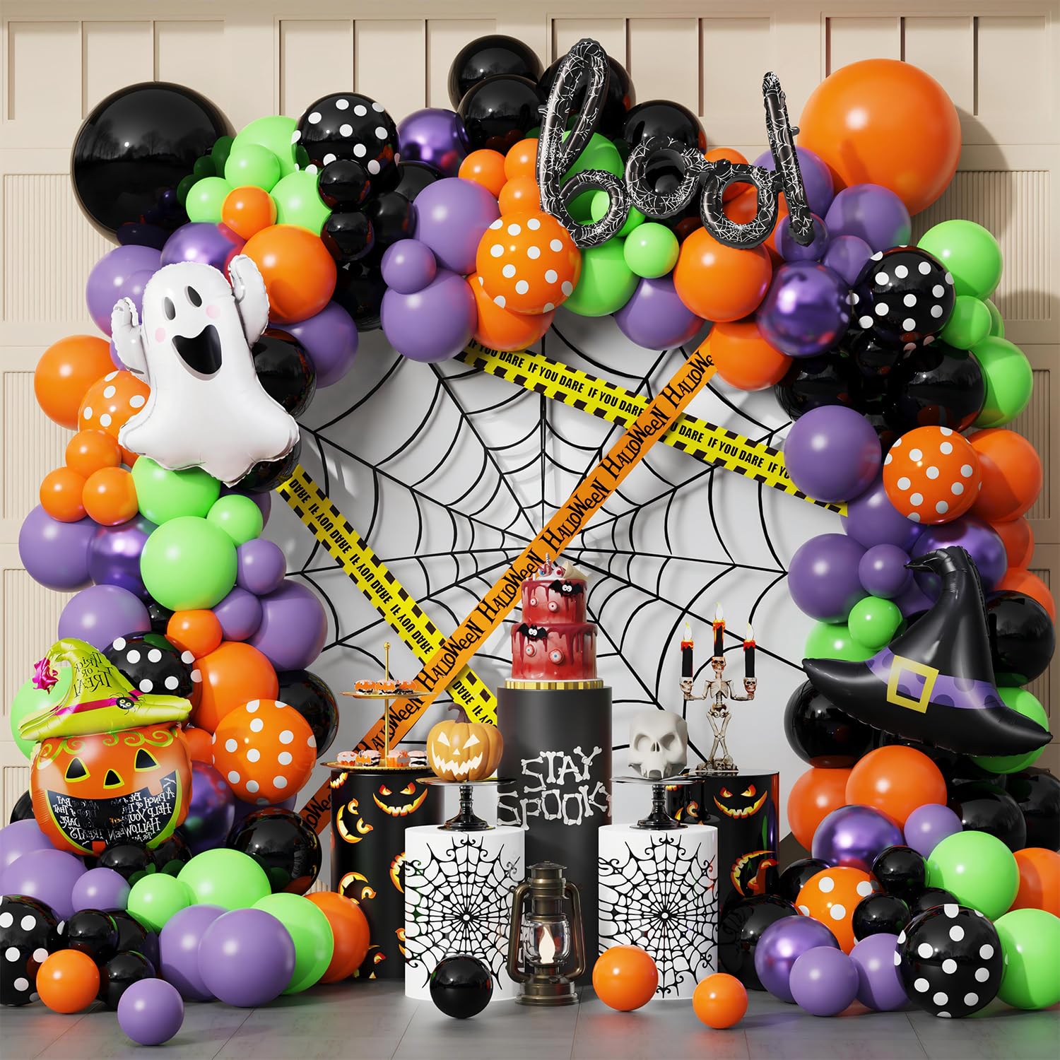 Photo 1 of 151PCS Halloween Balloon Arch Garland Kit, Black Orange Green Purple Balloons with Mylar Pumpkin Ghost BOO Foil Balloon for Kids Home Halloween Background Birthday Party Decorations Supplies