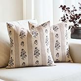 Amor Virisso Floral Throw Pillow Covers 18x18 Set of 2 Block Print Pillow Covers Neutral Floral Striped Farmhouse Decorative Pillow Covers for Sofa Couch Bed, Brown