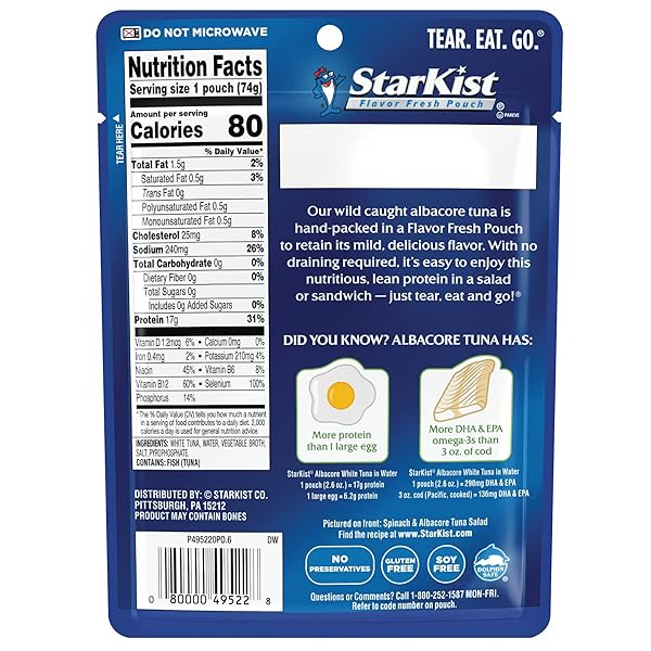 STARKIST ALBACORE WHITE TUNA IN WATER – 2.6 OZ POUCH