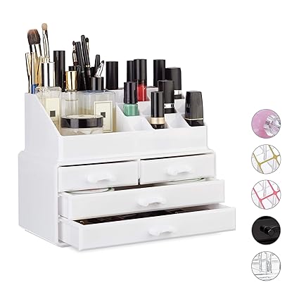 Relaxdays Make Up Organizer klein, 2-teilige Schmink Aufbewahrung Acryl, mit Lippenstifthalter und 4 Schubladen, weiß