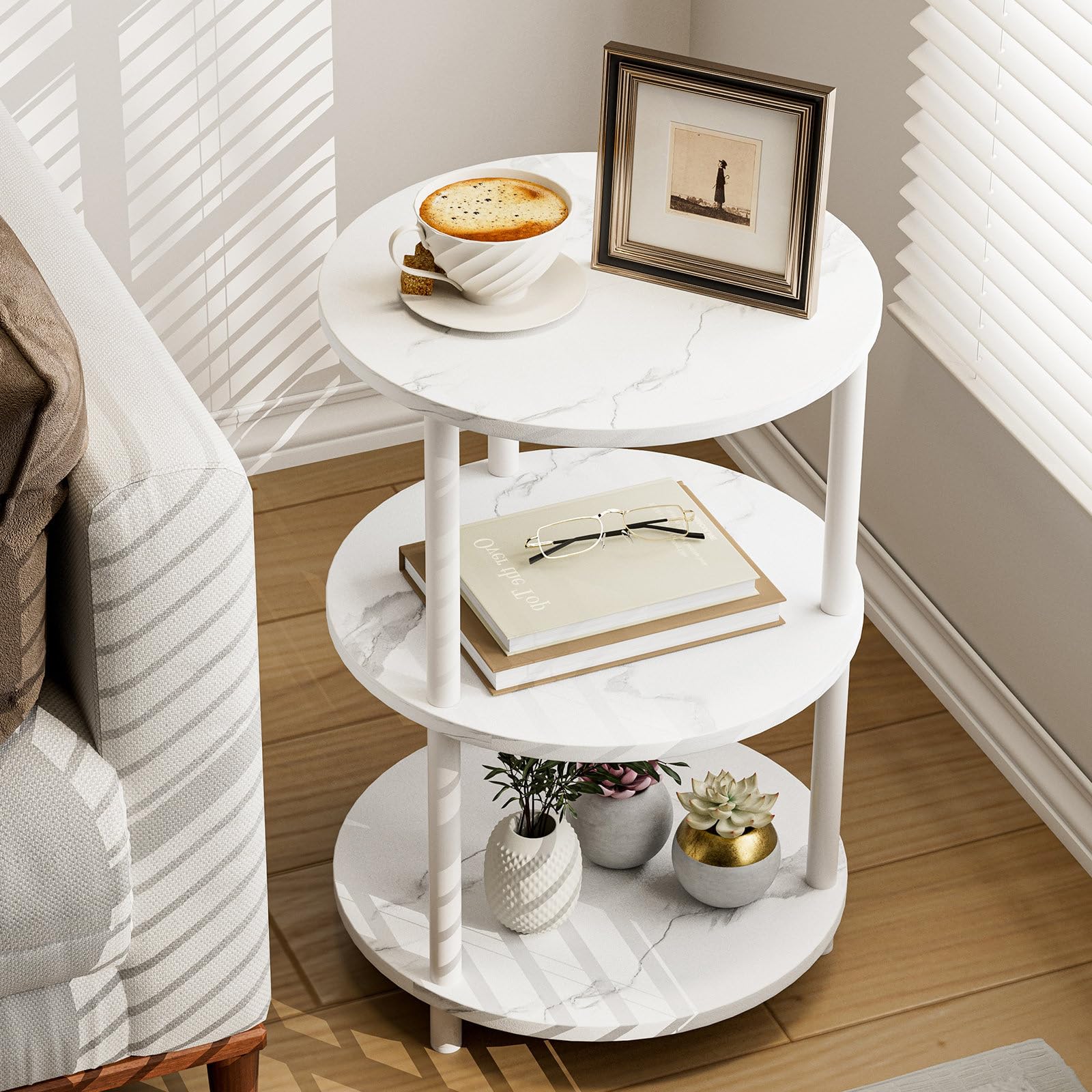 Photo 1 of XBurmo Small Round End Table - 3 Tier Design Accent Table, Narrow Side or Bedside Stand, Industrial Vintage Nightstand for Bedroom, Living Room, or Small Spaces, Marble White