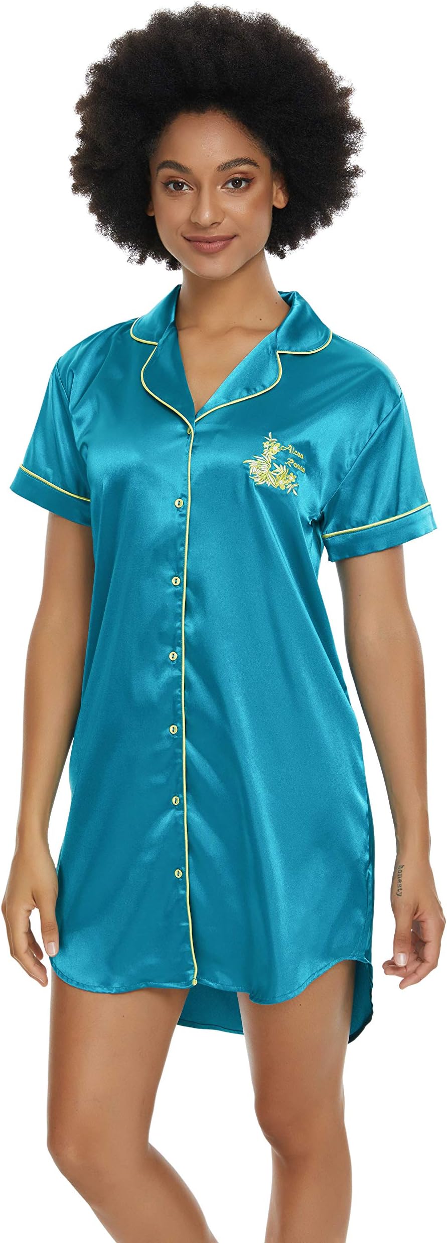 Alcea Rosea Womens Nightgown Sleep Shirt Sleep Dress Boyfriend Nightshirt Short Sleeve Button-up Collar Pajamas S-XXL