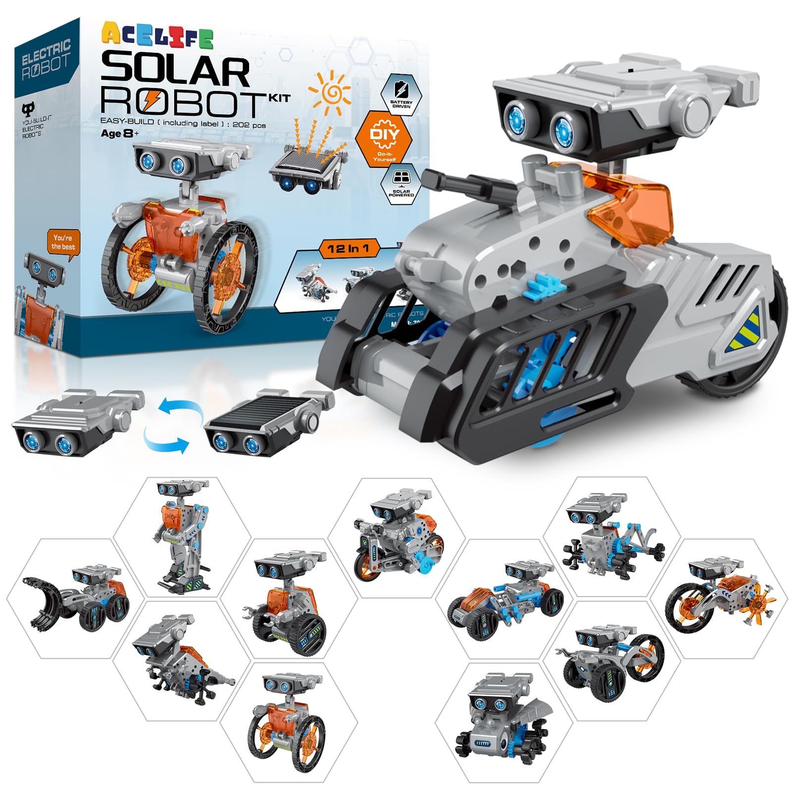 ACELIFE Solar Robot Toy,12 in 1 STEM Toys for Kids Age 8-12, Solar Power Building Toy with Solar Panel and Battery,Educational Engineering Robotics Christmas Birthday Gifts Toy for Boys Girls (Grey)