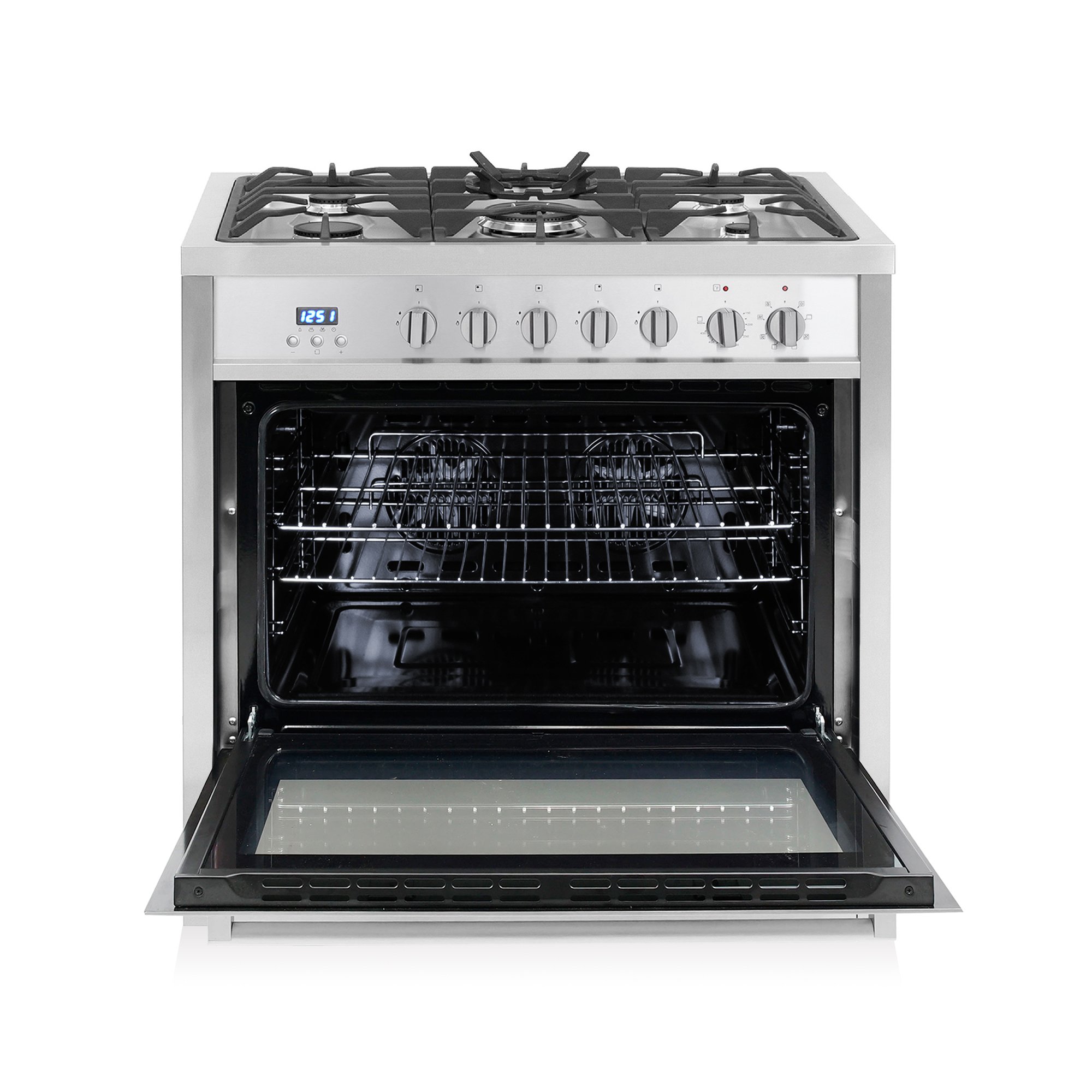 Cosmo COS-F965NF Commercial-Style 36 in. 3.8 cu. ft. Single Dual Fuel Range with with 5 Burners and 8 Function Convection Oven, Cast Iron Grates|Stainless Steel. item is unused missing burner tops 