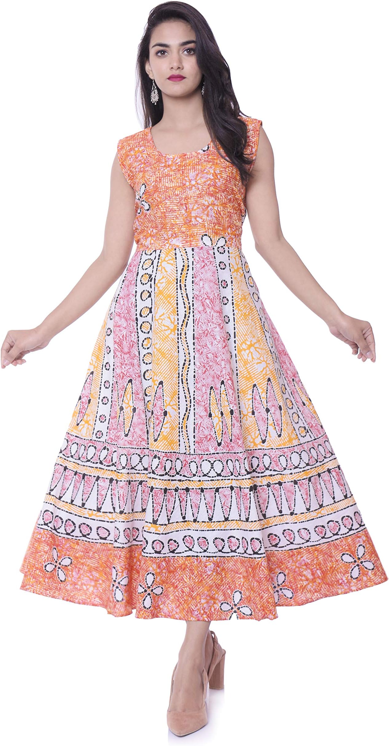 Danadipa Cotton Women's Maxi Midi Long Semi-Stitched Fabric Jaipuri Printed (Free Size Upto 44-XXL)-Orange