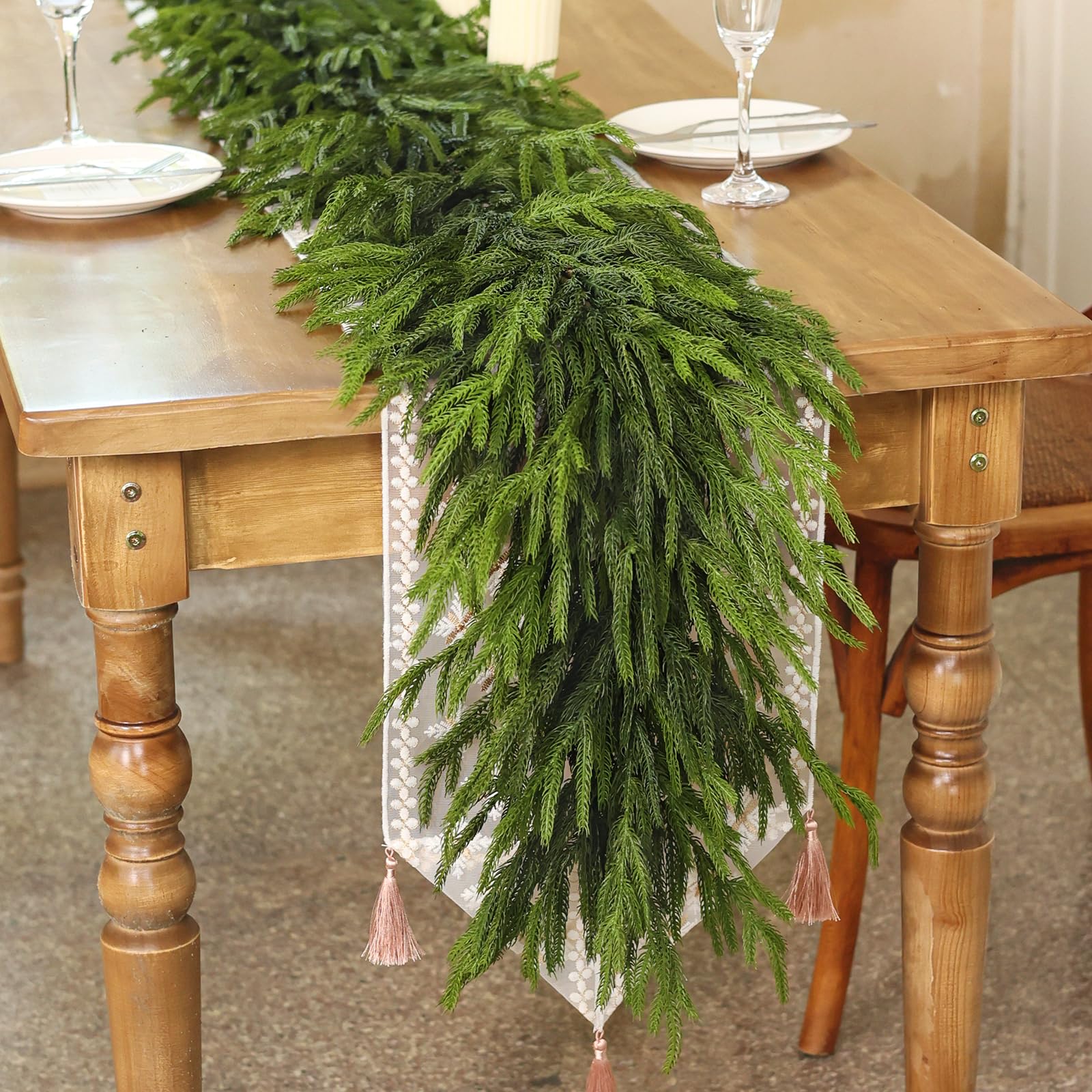 Photo 1 of 6FT Real Touch Norfolk Pine Garland - Artificial Christmas Garland Fake Green Faux Pine Needles Garland for Table Fireplace Mantle Holiday Home Indoor Outdoor Decor (2PCS)