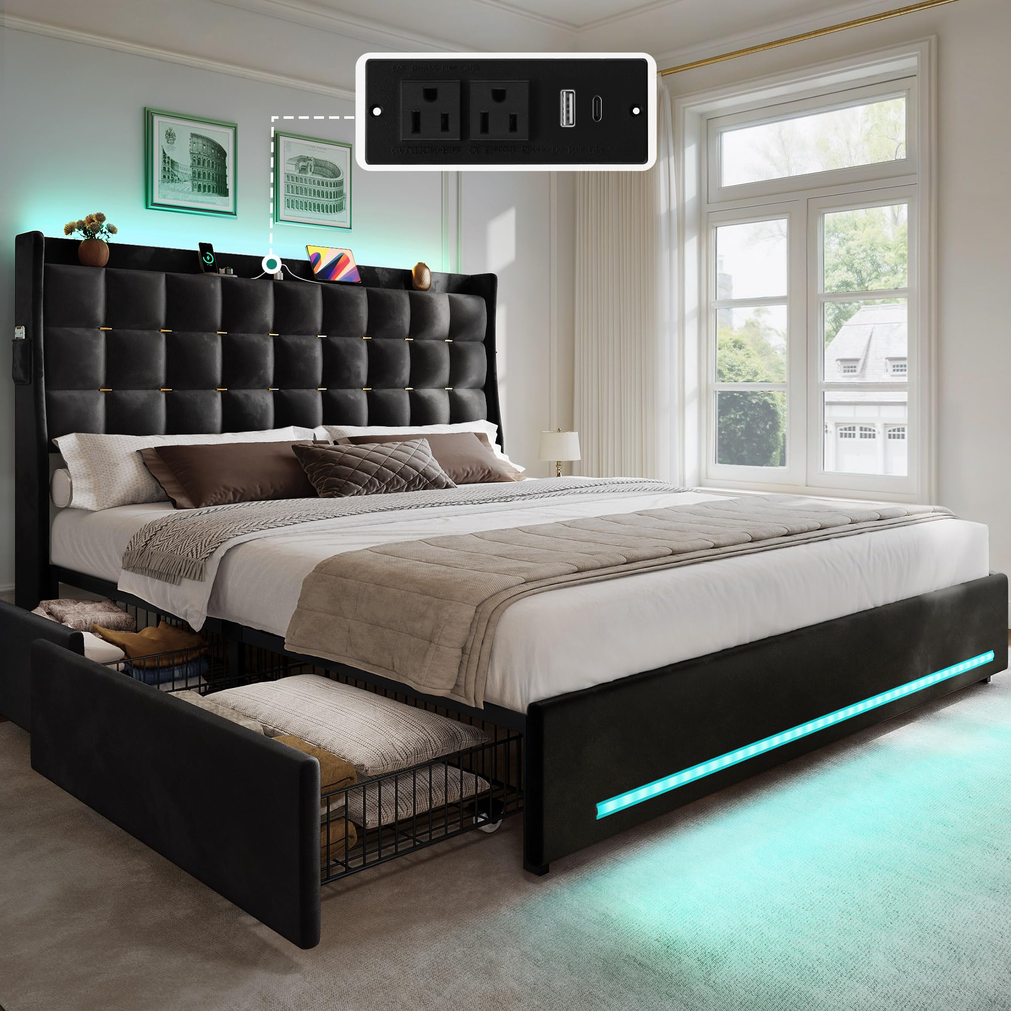 Photo 1 of YITAHOME Queen Size Bed Frame with 4 Drawers and RGB LED Lights, Velvet Upholstered Platform Bed with Charging Station and Storage Headboard, No Box Spring Needed, Easy Assembly, Black