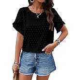 PRETTYGARDEN Women's Tops 2026 Summer Ruffle Short Sleeve Crewneck Blouses Swiss Dots Solid Loose Tunics Work Shirts