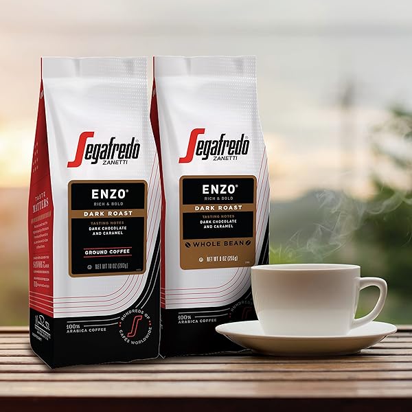 SEGAFREDO ZANETTI GROUND COFFEE – MADE WITH ARABICA COFFEE – DARK ROAST, SMOKY WITH HINTS OF ROASTED NUTS & DARK CHOCOLATE – SOUTH AMERICAN BLEND – RICH, FULL-BODIED – ENZO, 10OZ BAG