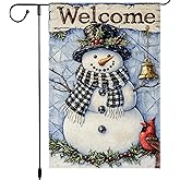Snowman Welcome Garden Flag 12x18 Inch Double Sided Burlap Winter Christmas Yard Decoration Outdoor Holiday House Flag with Cardinal Bird and Bell for Lawn Porch Garden Decor
