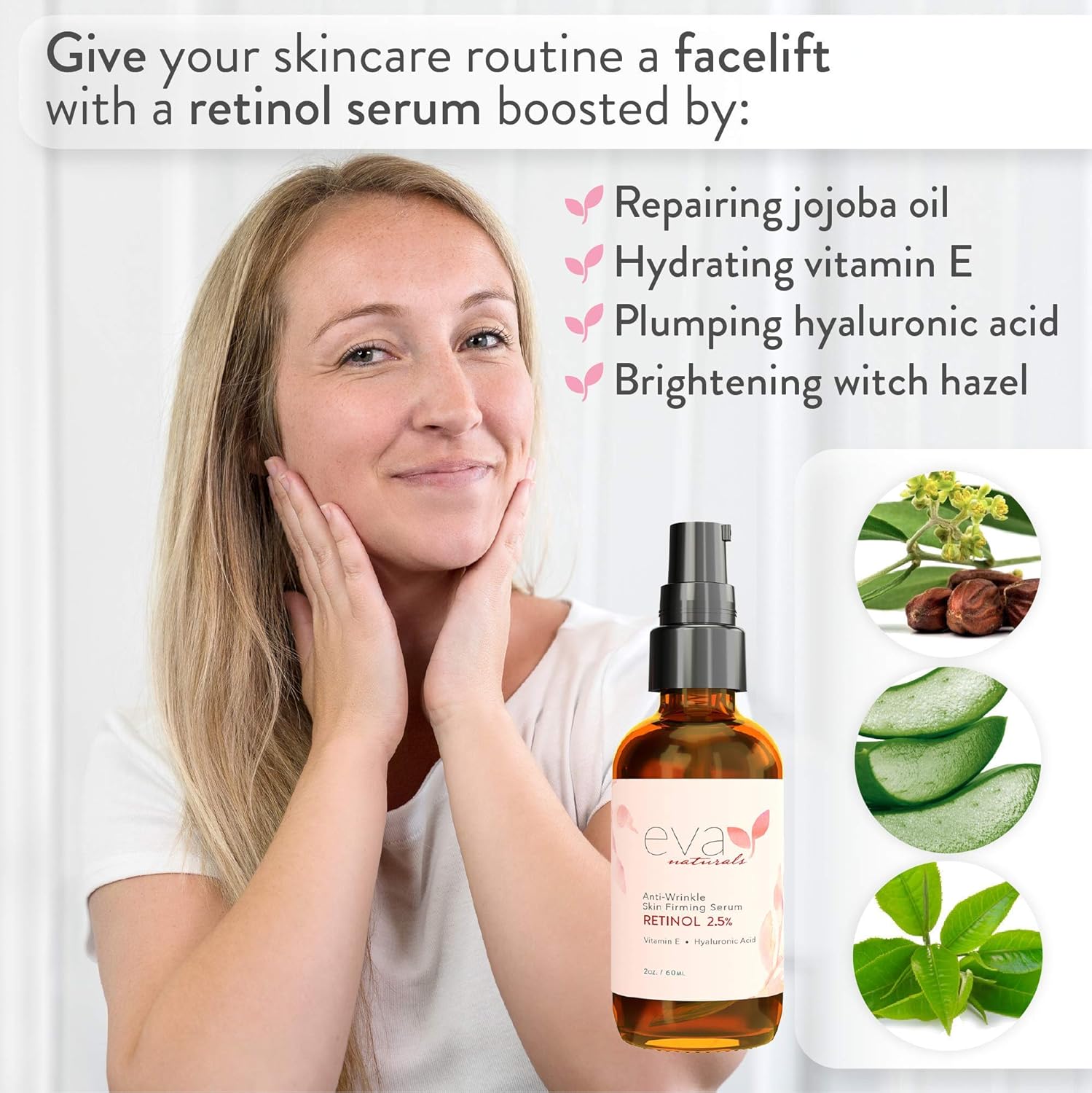 Natural Vitamin A Retinol Serum 2.5%, XL 2 oz. Bottle – Anti-Aging Serum + Vitamin E Oil, Jojoba Oil, Witch Hazel – Hyaluronic Acid Serum for Face Fades Wrinkles, Dark Spots, Damage by Eva Naturals: Beauty