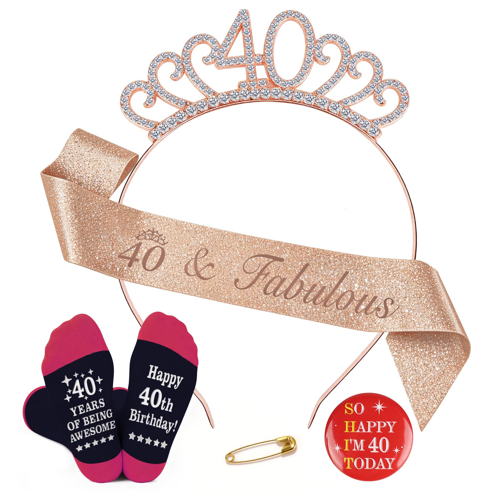 TUZELIYA 40th Birthday Gifts Set for Women with Sash Crystal Tiara Crown Socks Badges - 40th Birthday Party Decorations - Fun Birthday Ideas for Mum Best Friends Family Colleague Adults Neighbour