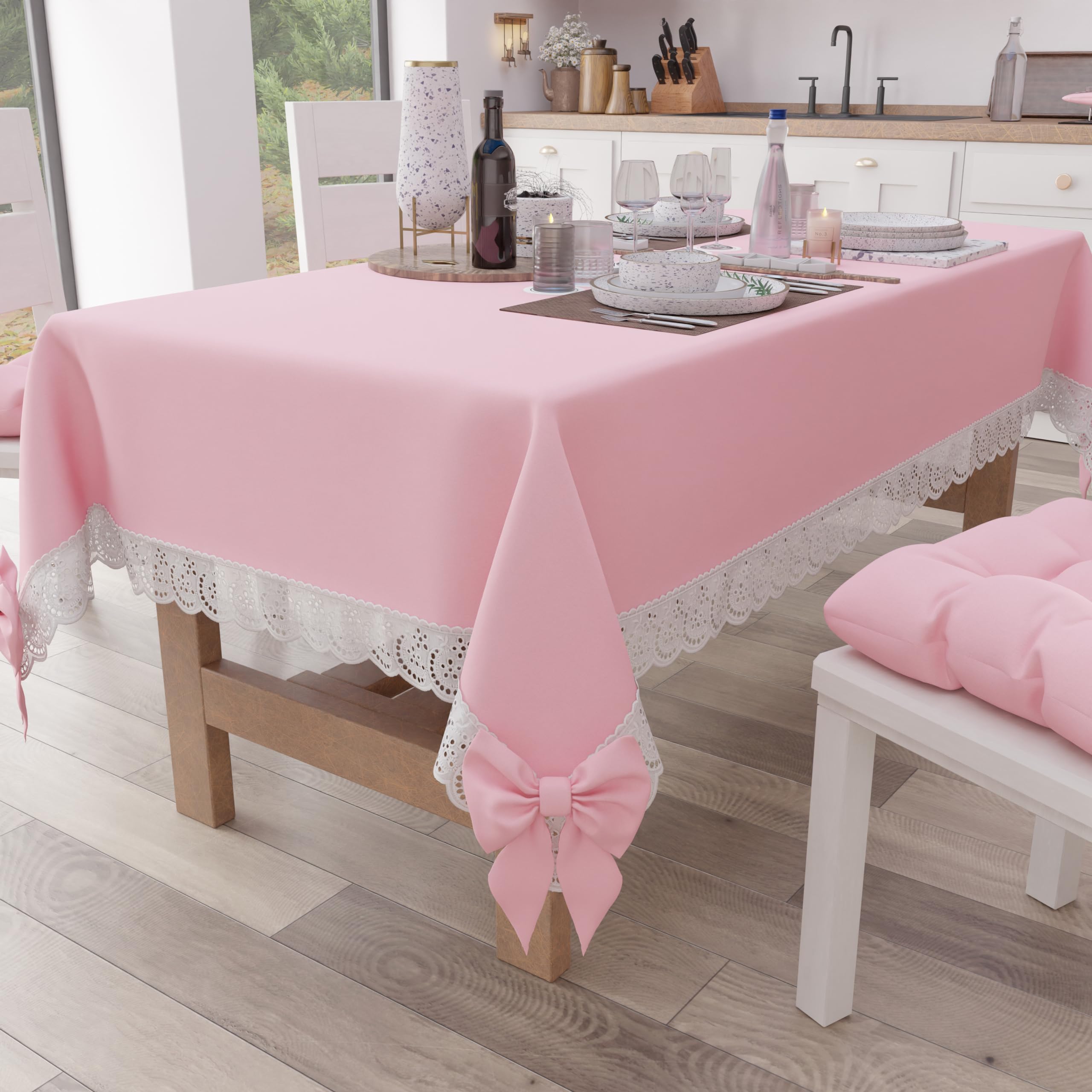 PETTI Artigiani Italiani - Tablecloth, Table Cloth, Rectangular Kitchen Tablecloth with Sangallo Lace and Bows, Plain Cotton Table Cover, 12 Seater (140 x 240 cm) Pink