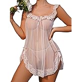 SHENHE Women's Mesh Lace Trim Bow Babydoll Sheer Nightgown Lingerie Dress and Thong Set