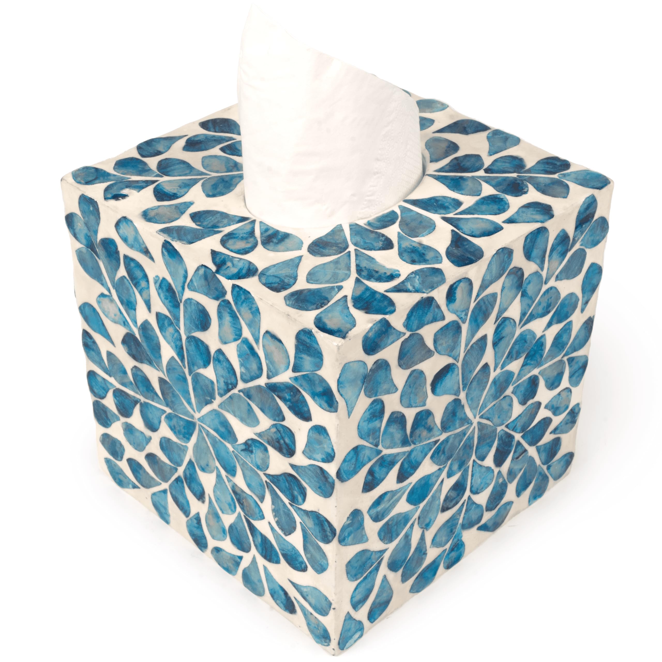 Photo 1 of CLAYNIX Tissue Box Cover - Mosaic Mother of Pearl Inlay Tissue Box Holder- Tissue Box Cover Square 5.9 x 5.9 x 5.9 in - Decorative Bathroom, Bedroom or Office (Blue)