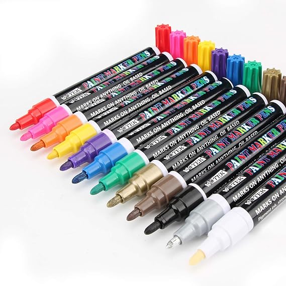 Wotek Pennen Om Stenen Te Beschilderen 2 Mm Watervaste Stift Sneldrogend 12 Kleuren Permanente Markeerstiftenset Voor Glas Canvas Glas Metaal Hout Banden Diy Amazon Nl