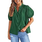 PRETTYGARDEN Women's 2026 Summer Button Down Shirts Short Lantern Sleeve V Neck Cotton Cute Tops Dressy Casual Blouses