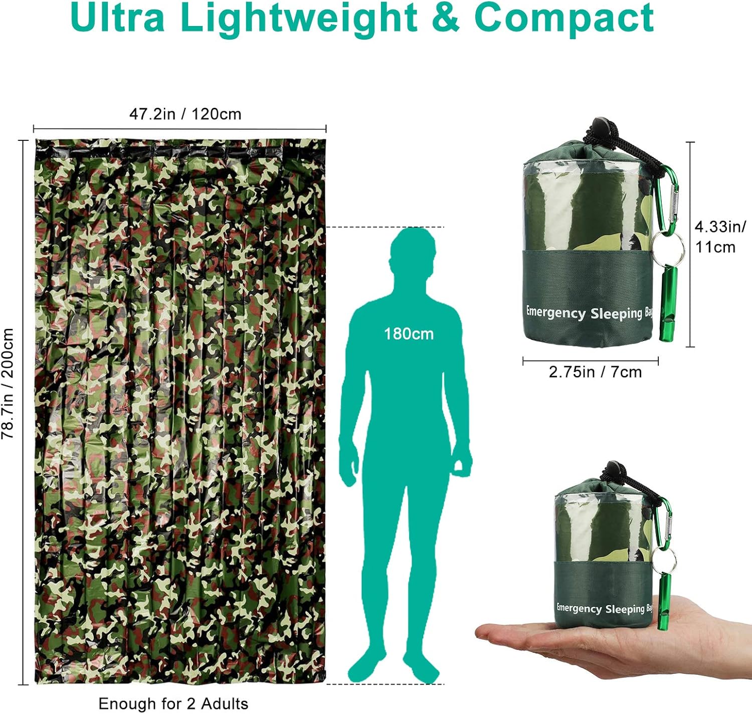 EEEKit 2Pack Emergency Sleeping Bag, Waterproof Lightweight Survival Bivy Sack, Thermal Emergency Shelter Compact Survival Blanket Bags with Survival Whistle for Outdoor Hiking Camping, Camouflage : Sports & Outdoors