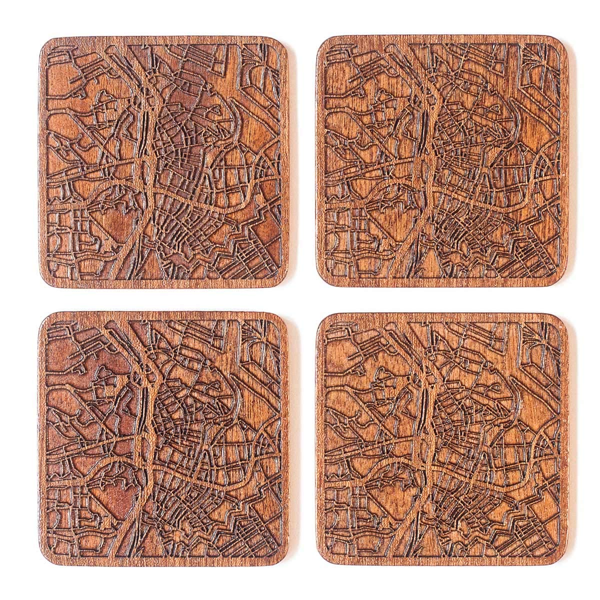 Gdańsk Map Coaster, Set of 4, Sapele Wooden Coaster with City map, Multiple City Optional, Handmade