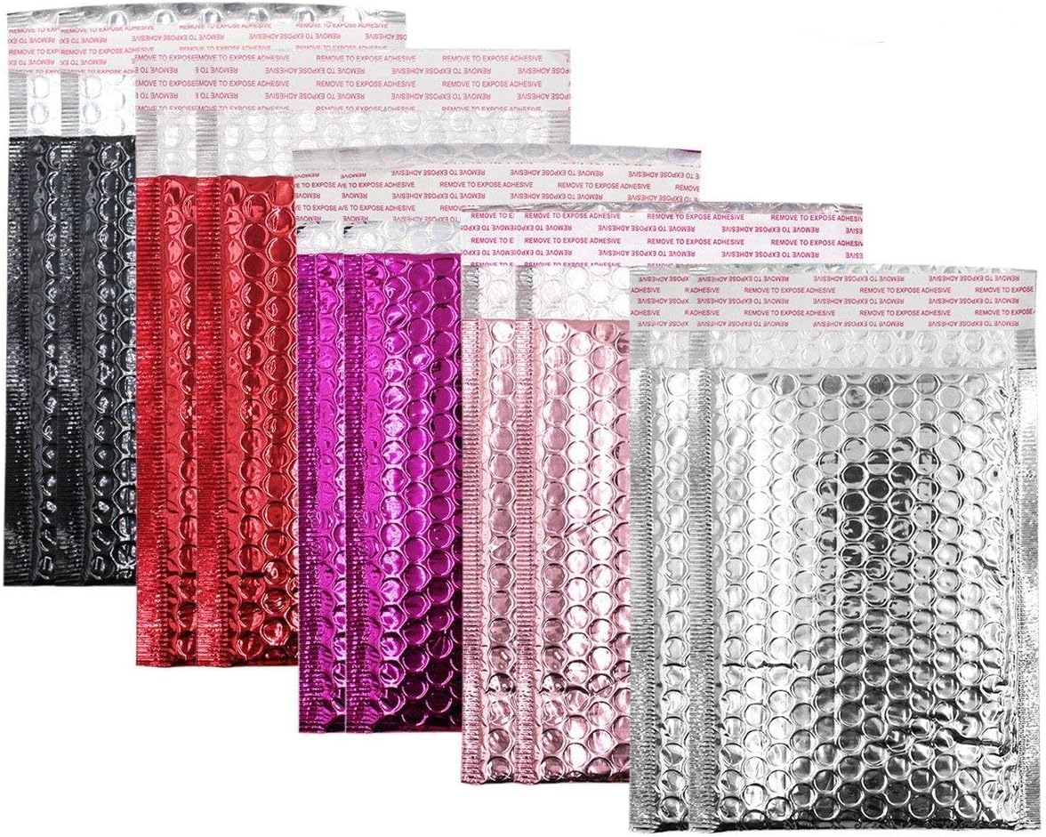 10 Pack Poly Bubble Mailers,Aimeio Metallic Self Seal Padded Envelops for Shipping,Assorted Colors,6x8 Inch