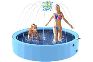 Bilibara 63'' Foldable Dog Pool, Sprinkler Pool for Kids, Non-Slip Dog Swimming Pool for Kids, Heavy Duty Splash Pad Pools for Large Dogs, Hard Plastic Kiddie Pool for Backyard