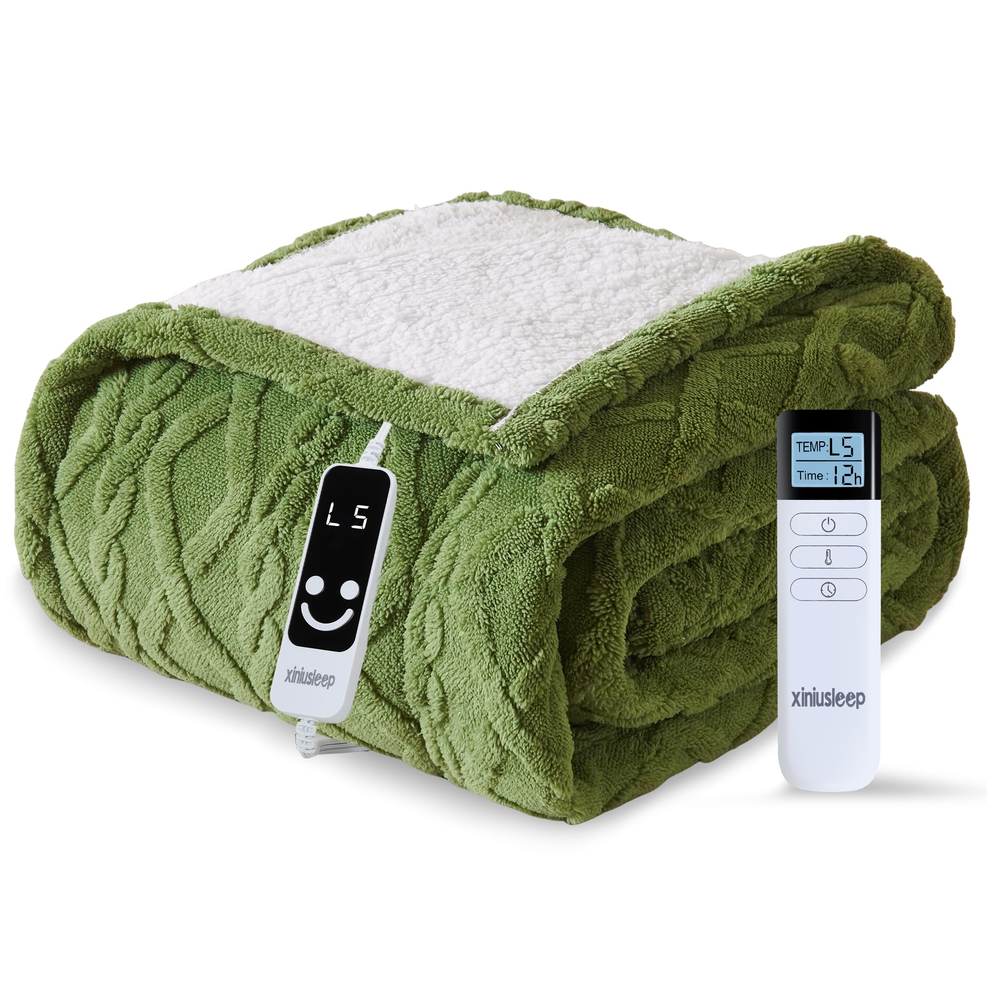 Photo 1 of XINIUSLEEP Heated Blanket Electric Blanket 50"x60", Soft Taffeta Sherpa Electric Throw with 5 Heating Level & 1-12 Hour Auto Off, Heated Throw with Overheating Protection, Machine Washable(Dark Green)