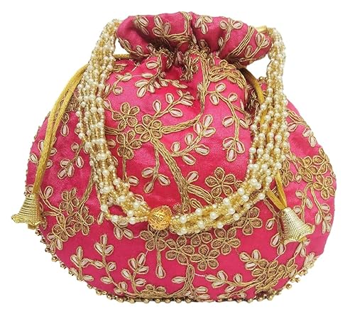Potli bags for Women Swag Ethnic handbags Embroidery work handmade Wristlets for Wedding party handbags (Dark Rani)