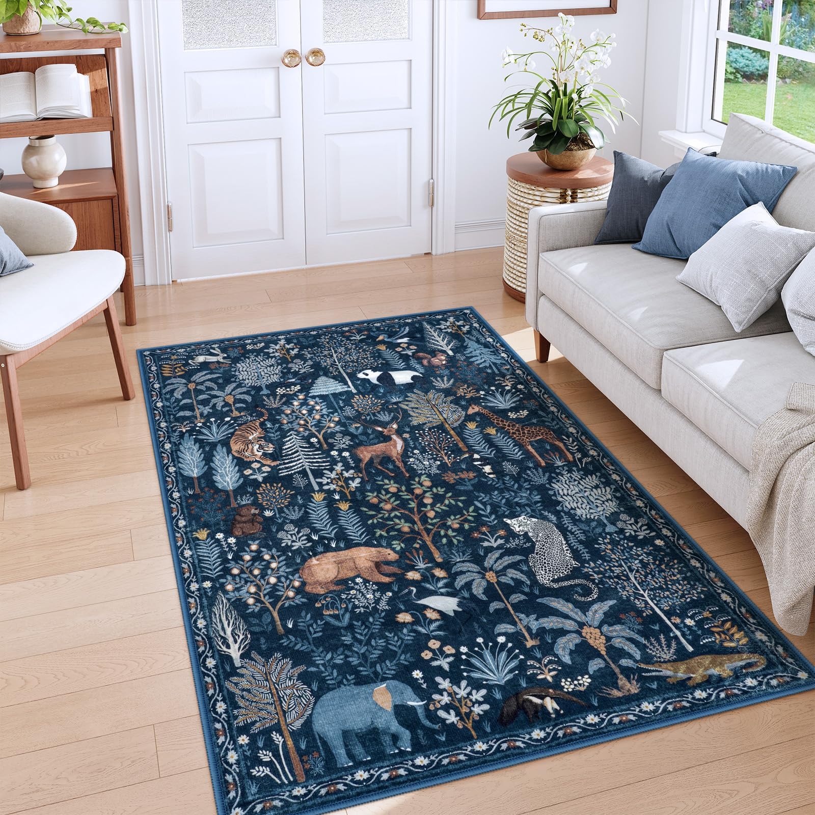 Photo 1 of **USED***  OJIA Jungle Print Blue 5x7 Rugs for Living Room, Soft Ultra-Thin Washable Area Rugs for Bedroom Non-Slip Modern Entryway Rug Non Shedding Indoor Carpet Kids Rugs for Playroom Nursery Classroom