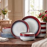 KINGSTONE Dinnerware Set for 4, Red Reactive Glaze Plates and Bowls Sets | 12-Piece Stoneware Dish Set, Handmade Ceramic Dinner Plate, Scratch Resistant, Microwave, Dishwasher &amp; Oven Safe, Stackable