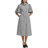 D-Sun Women Plaid Shirt Dress Button Down Gingham Collared Short Cape Sleeves V Neck Casual Belt Mid Dress with Pocket