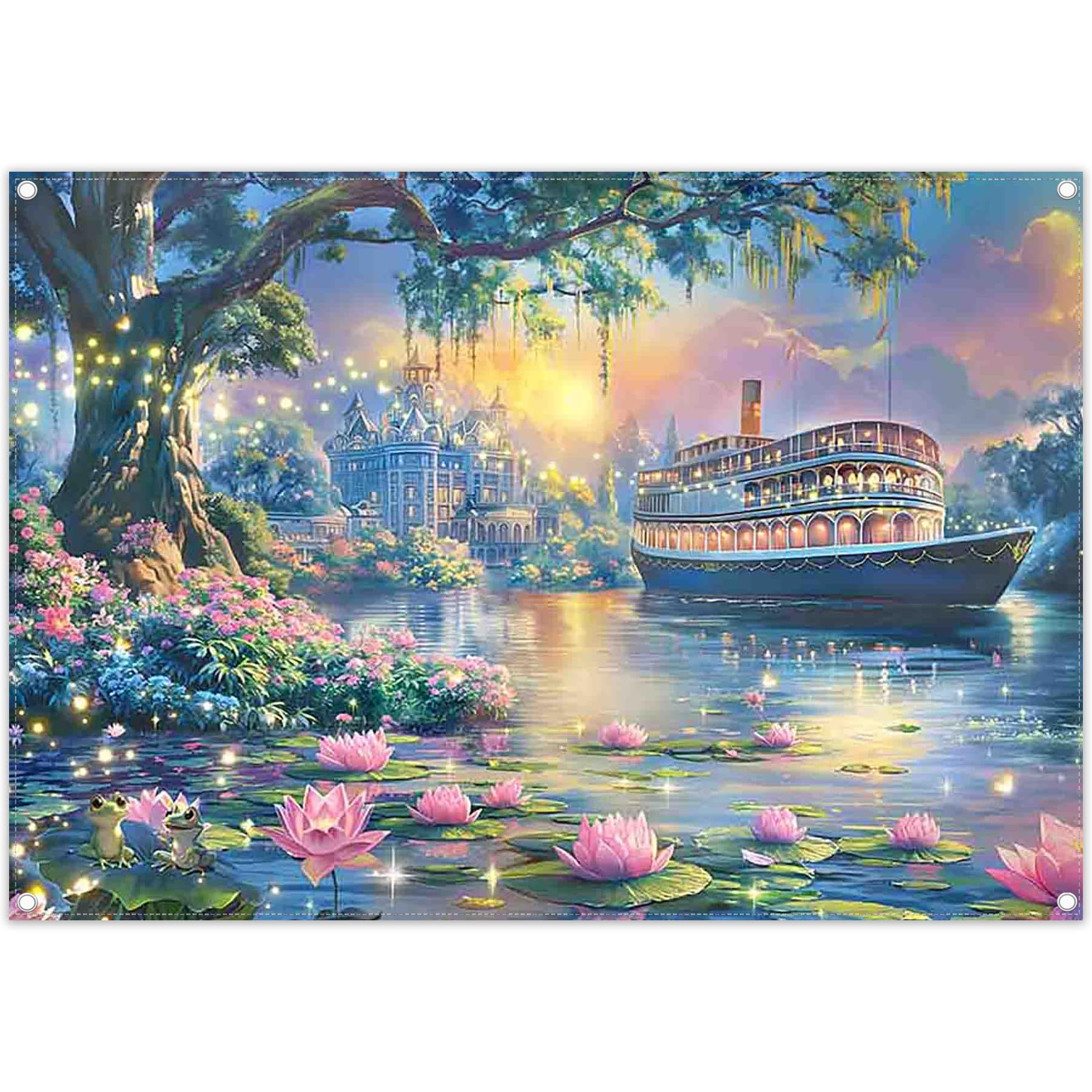 Photo 1 of *** PACK OF ****3****Monalivest 7x5ft Fairytale Princess Castle Backdrop Enchanted Lake Island Romantic Ship Lotus Photography Background Girls Birthday Party Decorations Photo Props