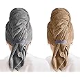 2 Pack Microfiber Hair Towel Wrap for Women, Quick Dry Hair Turban Towel with Elastic Band, Microfiber Plopping Towel for Curly Hair, Stocking Stuffers for Women (Gray, Camel)