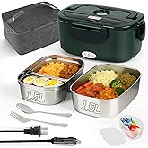 Electric Lunch Box for Adults - 1.5L Single/Double Layer Stainless Steel Food Warmer - 80W Fast PTC Heated Lunchbox, 12V/24V/110V Portable Food Heater for Car&Truck, Office, Camping, Travel(Green)