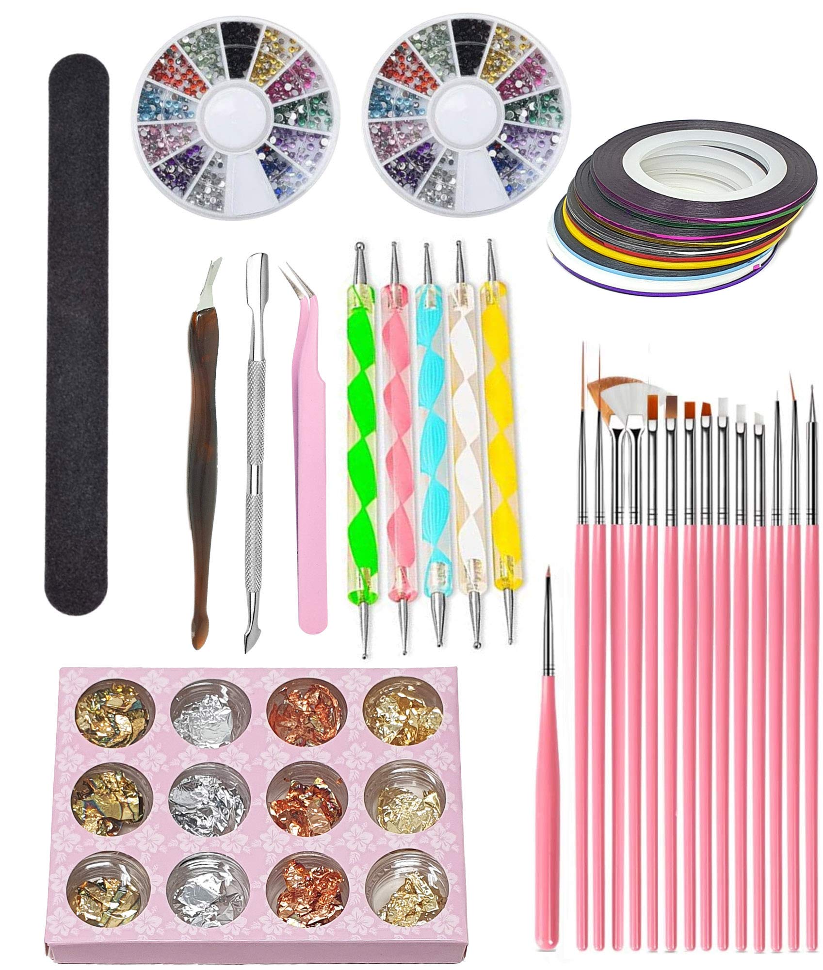 Kiara World 48pcs, Nail Pen Designer Stamp Art Tool Painting Brushes, Dotting Tool, Nail Foil, Manicure Tape, Striping Tape, Cuticle Pusher Trimmer, Nail File, Colour Rhinestones & Nail Tweezer