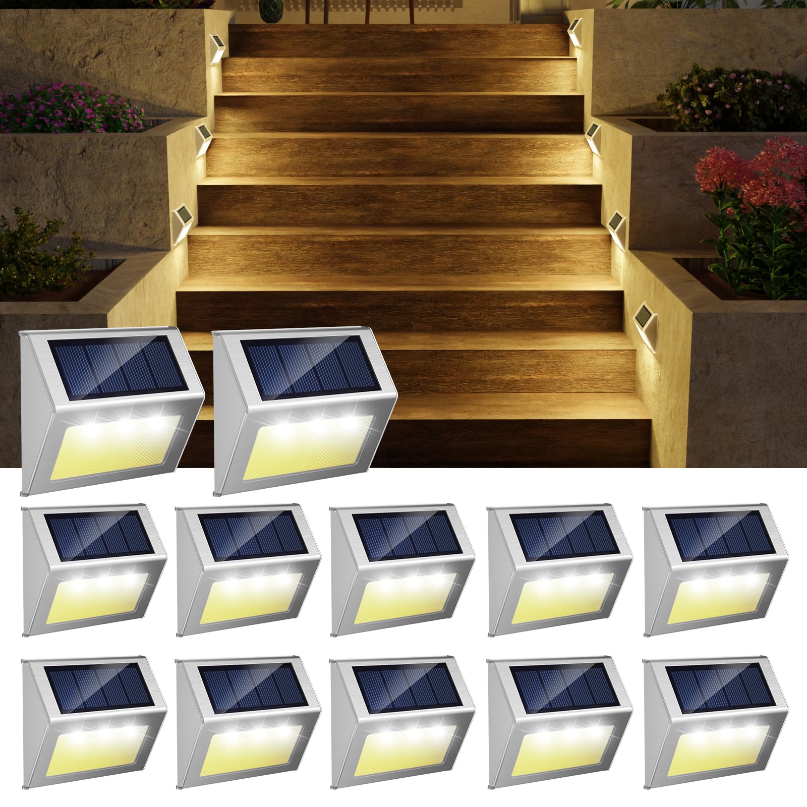 Photo 1 of JSOT 12 Pack Solar Lights Outdoor Waterproof for Stairs Decor, Solar Deck Lights Stainless Steel Step Fence Patio Post Wall Lamp for Garden Pathway Walkway LED Lamp Light [Warm Light]