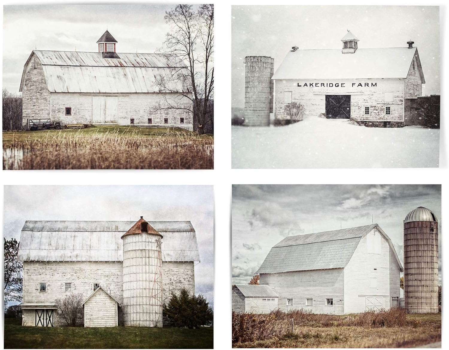 Photographs - Lisa Russo Fine Art - White Seasonal Barn Landscape Prints for Farmhouse Wall Decor - Set of 4 - Not Framed (4 8x10 Prints)