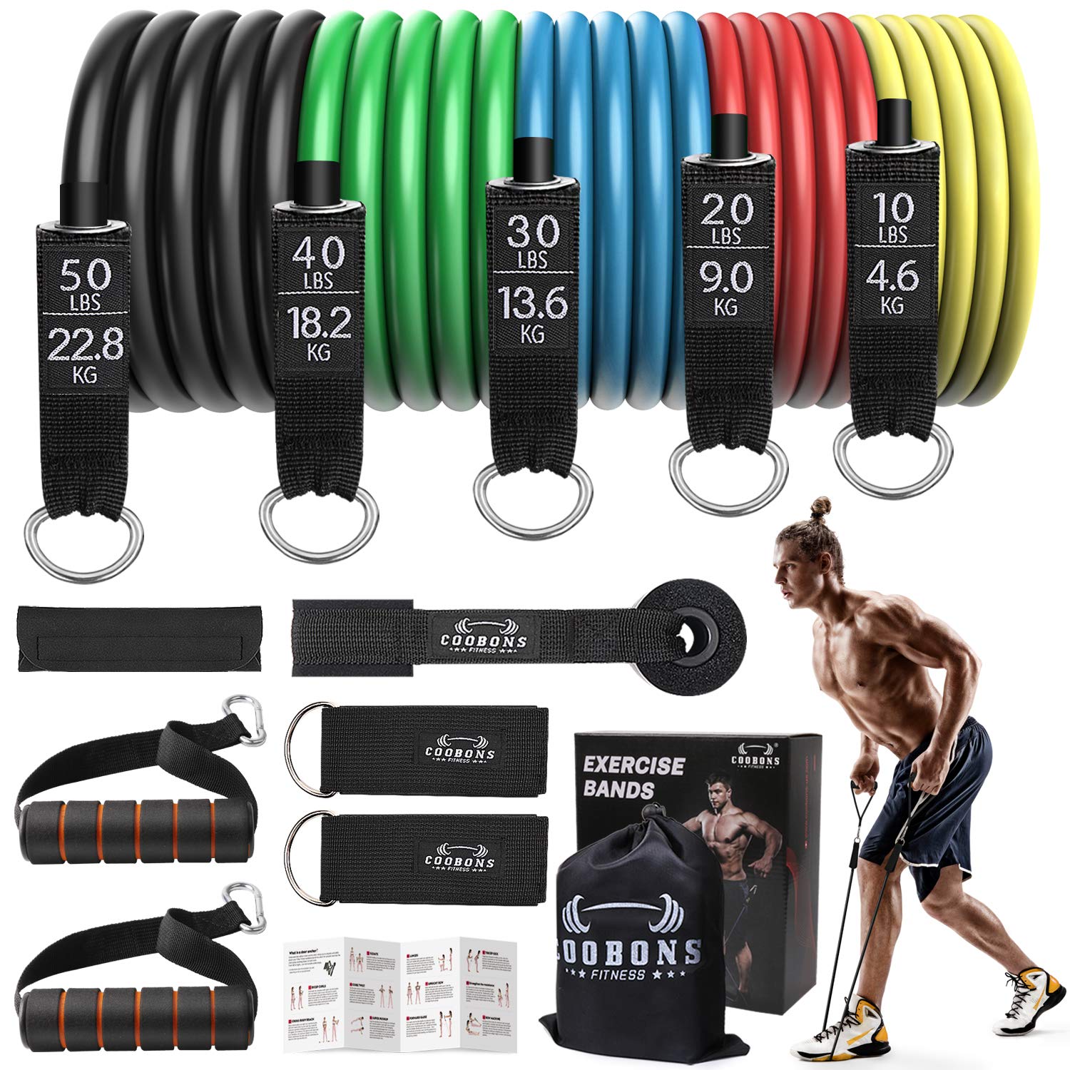 Resistance Bands Set, Including 5 Stackable Exercise Bands with Door Anchor, Ankle Straps, Carrying Case & Guide Ebook - for Resistance Training, Physical Therapy, Home Workouts, Yoga .