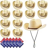 SATINIOR 12 Set Straw Cowboy Hats & Bandanas - Cowboy Party Hat Costume with Head Bandana (Beige, Braided Trim Style)