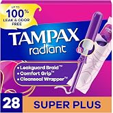 Tampax Radiant Tampons, with LeakGuard Braid, Super Plus Absorbency, Unscented, 28 Count, Packaging May Vary